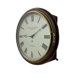 Wilson & Gandar of London -  Fine 19th century fusee timepiece wall clock, mahogany case with a cast brass bezel and 12” painted dial, Roman numerals, minute track and fine pierced moon hands, wire fusee driven movement with curved shoulder movement plates and a recoil anchor escapement. With key and pendulum. Wilson & Gandar are recorded as working in The Strand, London, 1851-75.