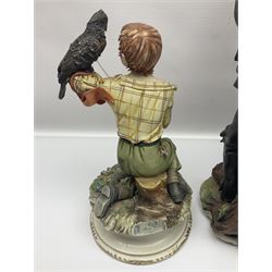 Three Capodimonte figures, to include The Kind Heart Man, modelled by Cortese as a tramp with two doves, The Young Falconer by Maria Angela and another modelled as a tramp darning his socks, all with printed marks, tallest H39cm