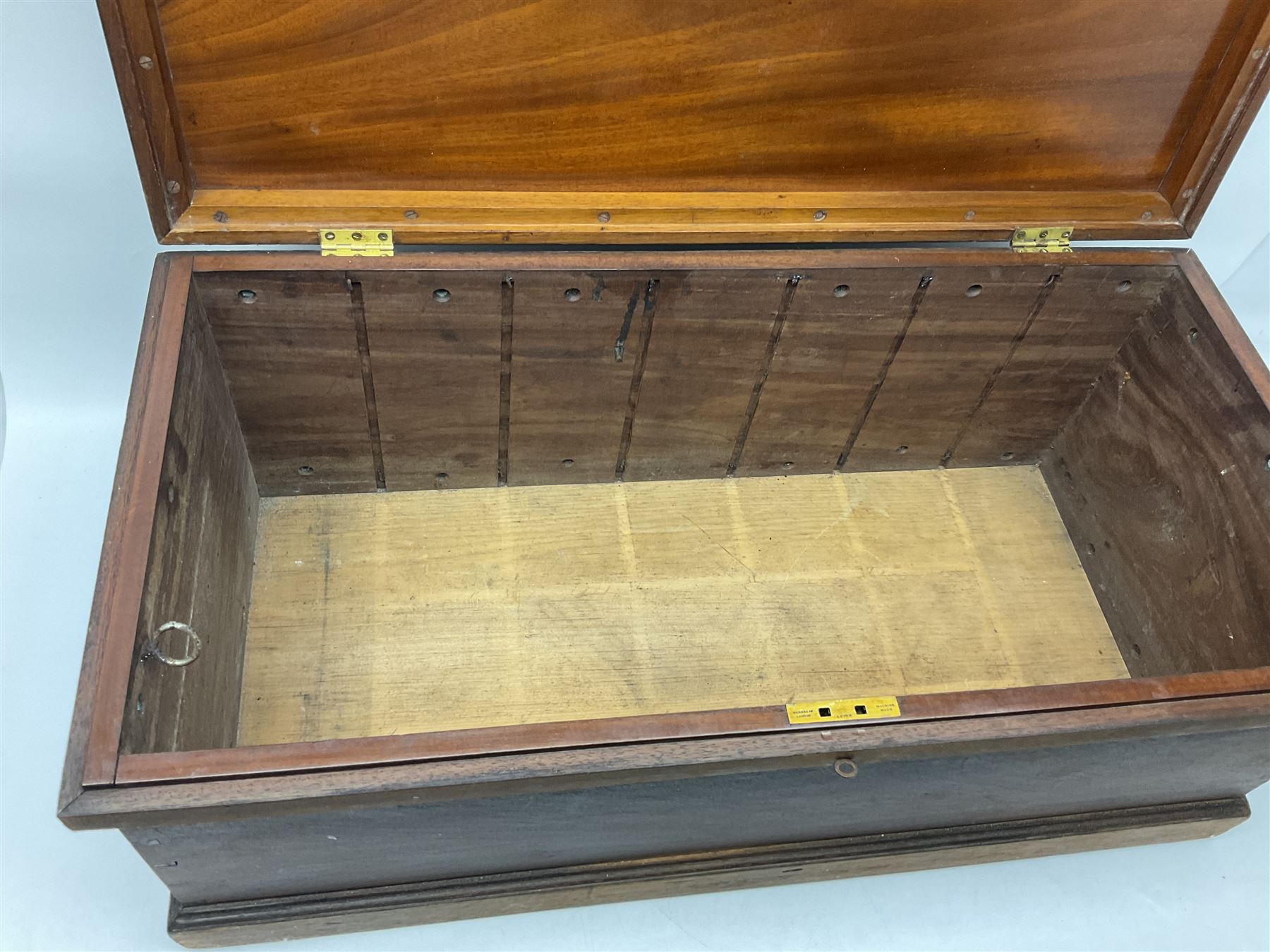 19th century teak chest, with sunken brass handle, the hinged lid with brass plaque engraved 'H.H. Earle 1899', H34cm, L83cm, notes: reputedly the chest of H.H.Earle, daughter of George F Earle of the Earle shipbuilding family of Hull 