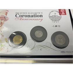 Commemorative coins and covers, including '80th Anniversary of the Battle of Britain' coin cover with Solomon Islands 2020 half dollar, 'Royal National Lifeboat Institution' coin cover with Alderney 2021 five pounds, 'Queen Elizabeth II's 95th Birthday' coin cover with Solomon Islands 2021 half dollar, other similar coin covers all in Harrington and Byrne folders, The Royal Mail 'HM The Queen's 95th Birthday' coin cover with 2021 five pounds and Queen Elizabeth II Isle of Man 2020 'Peter Pan' fifty pence coin collection in card folder