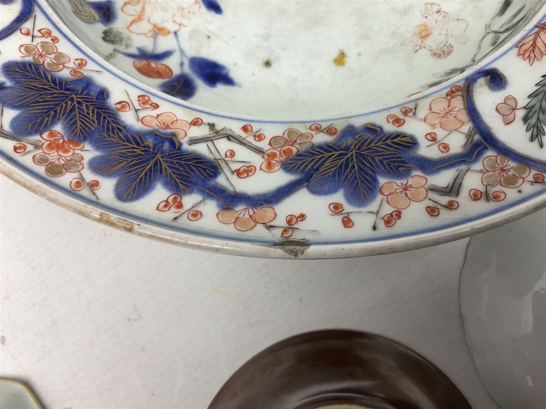 19th Century Imari pattern Japanese blood letting bowl, together with 19th century chinese blue and white square dish with decorated with blossoming flowers, together with thee blue and white saucers 