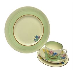 Clarice Cliff trio and plate in Spring Crocus pattern, all with printed mark beneath, plate D25cm 