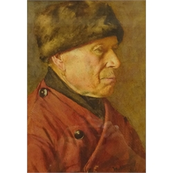  Walter Langley (Newlyn School 1852-1922)  - Portrait of a Gentleman in a Fur Hat and Red Coat, watercolour signed c.1907, 31cm x 22cm  Provenance: purchased by the vendor from Bonhams Knightsbridge 18th September 2007. A sketch of the same man (sold by Morphets Harrogate 26th Nov. 2015) was sent by the artist to the English Arts and Crafts Furniture Designer and Architect Ernest Gimson Xmas 1907   