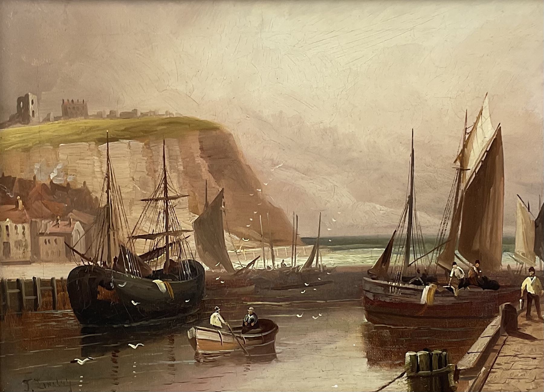 Walter Linsley Meegan (British c1860-1944): Scarborough Harbour, oil on canvas signed 23cm x 34cm