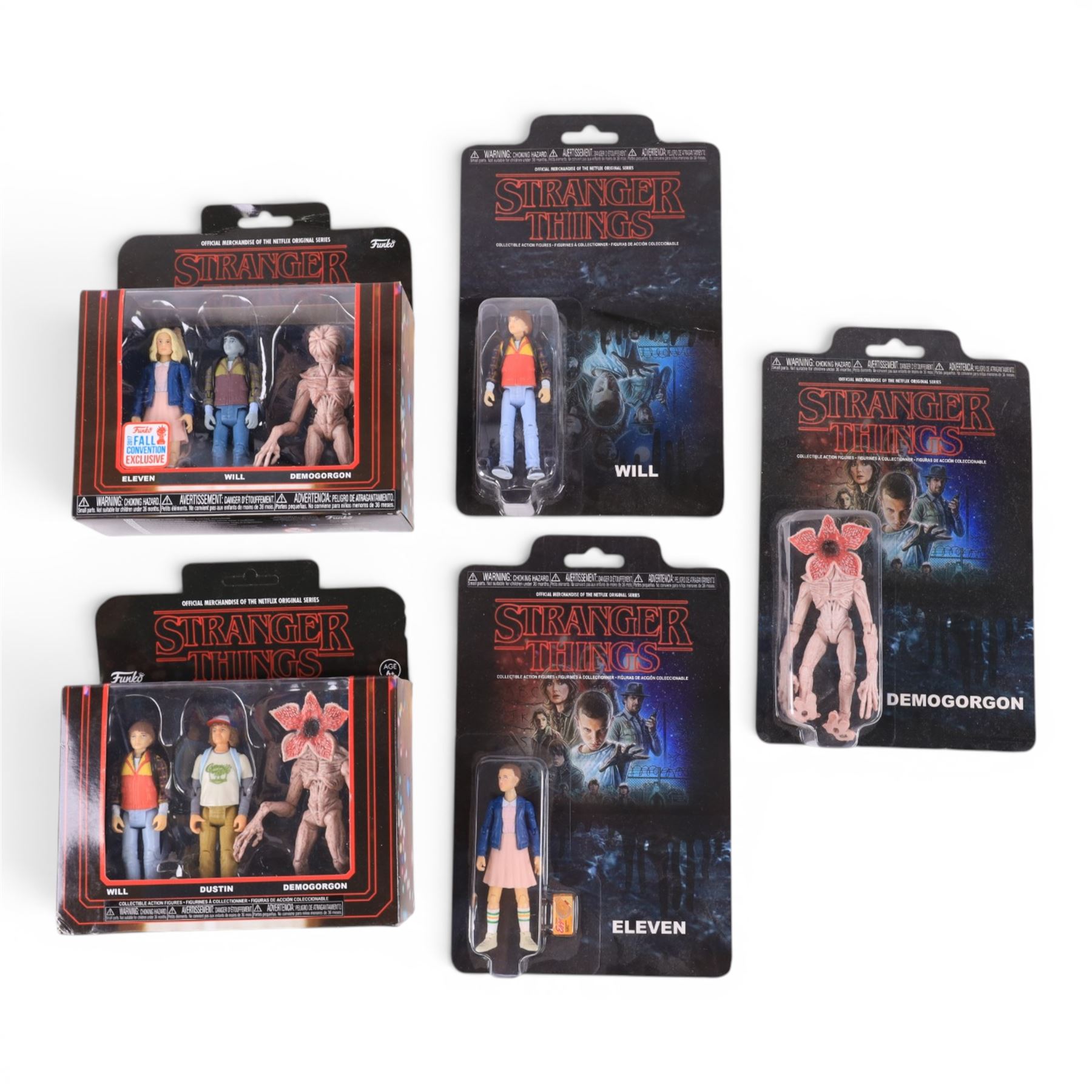 Three Funko Stranger Things figures, comprising Demogorgon, Eleven and Will figures and two three-figure packs comprising Will, Dustin and Demogorgon three-pack and an Eleven, Will and Demogorgon three-pack, all boxed or carded