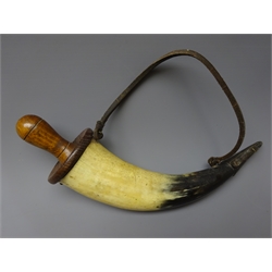  Horn Powder flask, conical brass nozzle with lever end cap and steel leaf spring, stamped with Crows foot and W.D, turned wooden base cap with screw stopper, L34cm  
