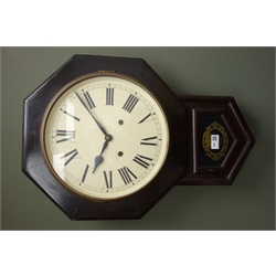  Late 19th century American Ansonia Clock Co. wall clock with circular painted Roman dial above glazed door, twin train movement striking the hours on a coil, with key and pendulum, H61cm, W43cm  