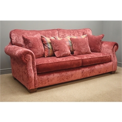  Grand sofa upholstered in a maroon velvet fabric, (W220cm) and storage stools  