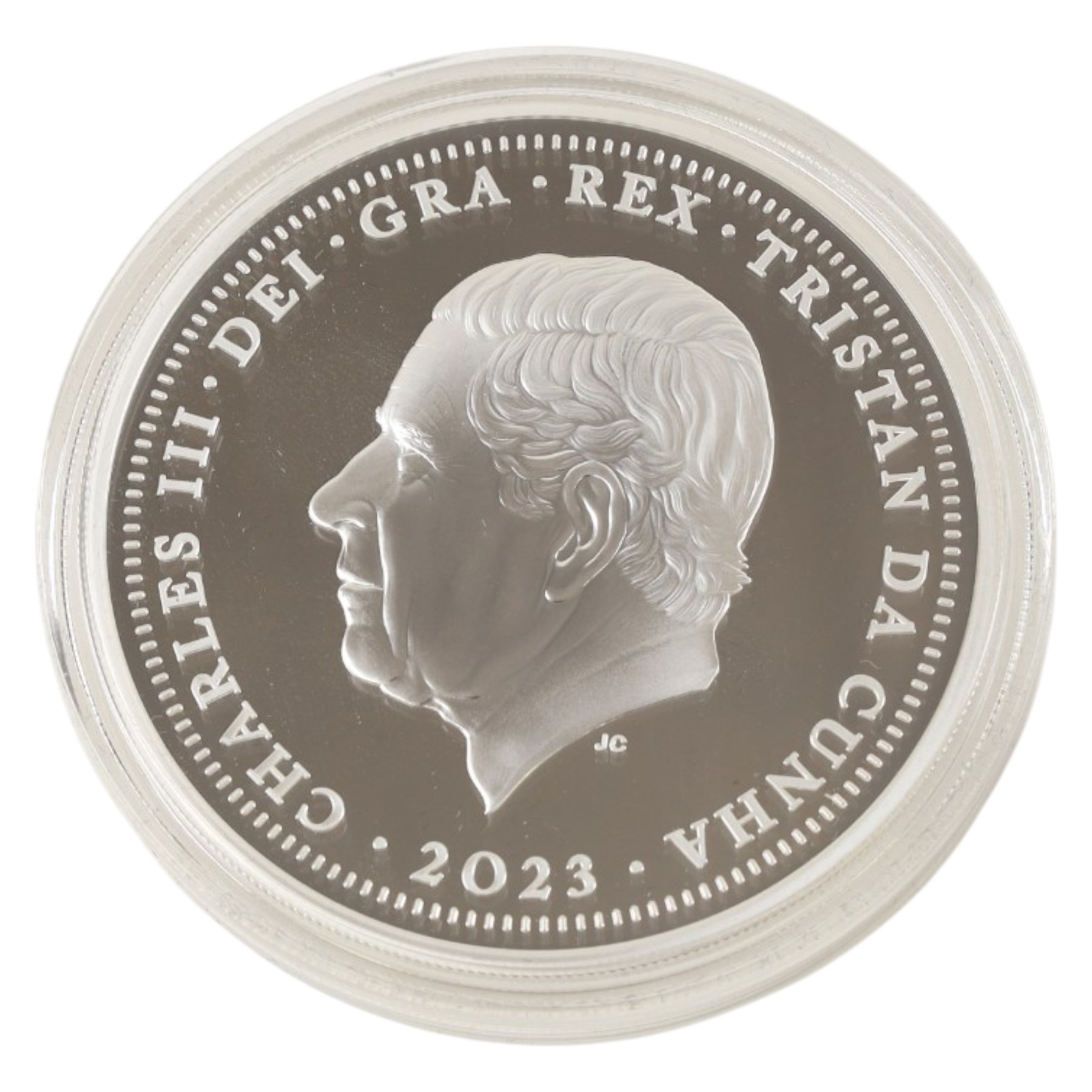King Charles III Tristan da Cunha 2023 '70th Anniversary of the Queen's Coronation' five ounce fine silver proof twenty-five pound coin, issued by the Jubilee Mint, cased with certificate