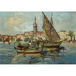 Bernard Franco (French 20th century): 'San Remo (Sanremo)' Italy, oil on board signed, labelled verso and gold medal winner 14.5cm x 21cm