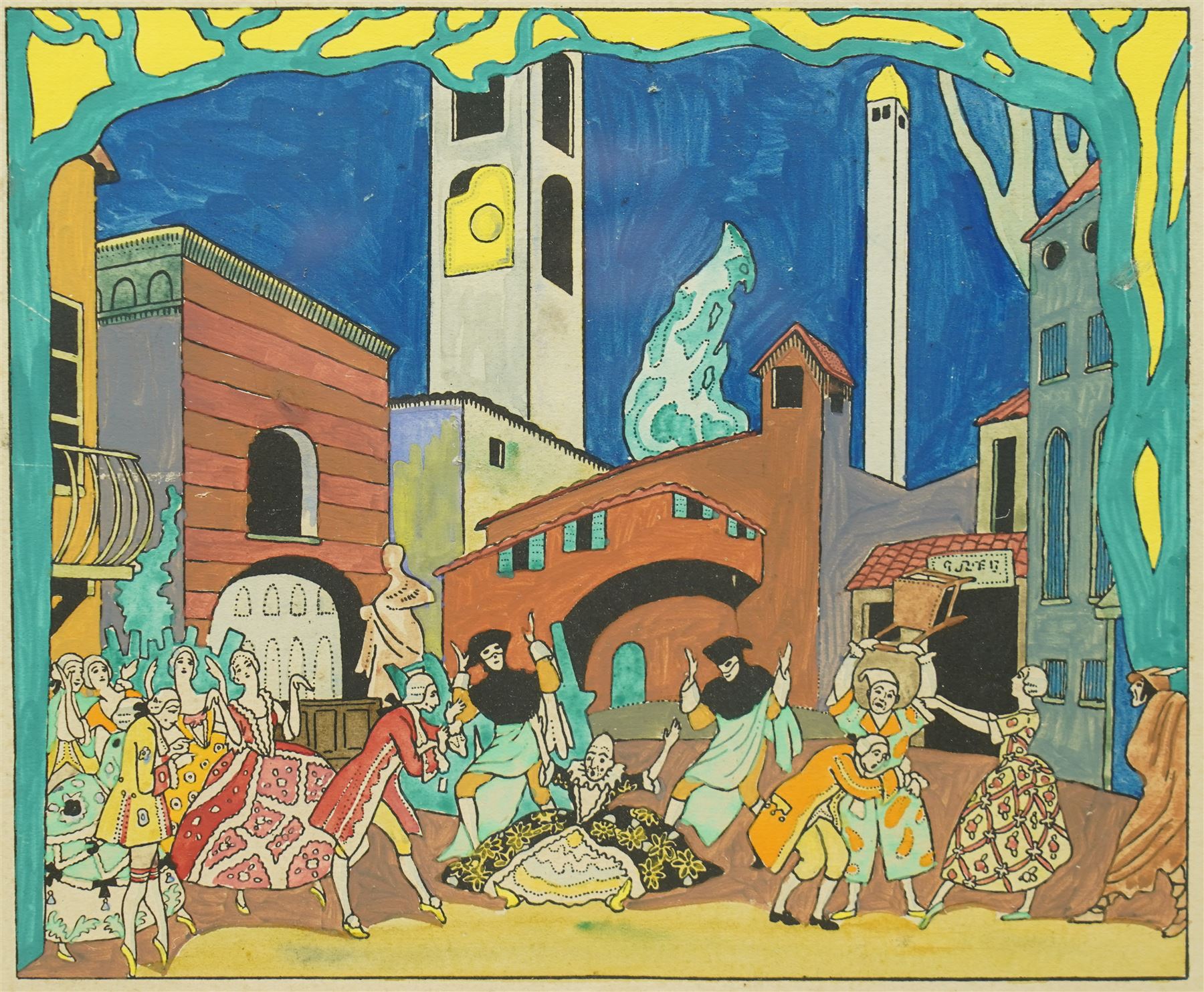 Ethelbert White (British 1891-1972): 'The Good-Humoured Ladies' design for a Diaghilev stage set, ink and gouache unsigned, Christie's stencil verso 24cm x 28cm 