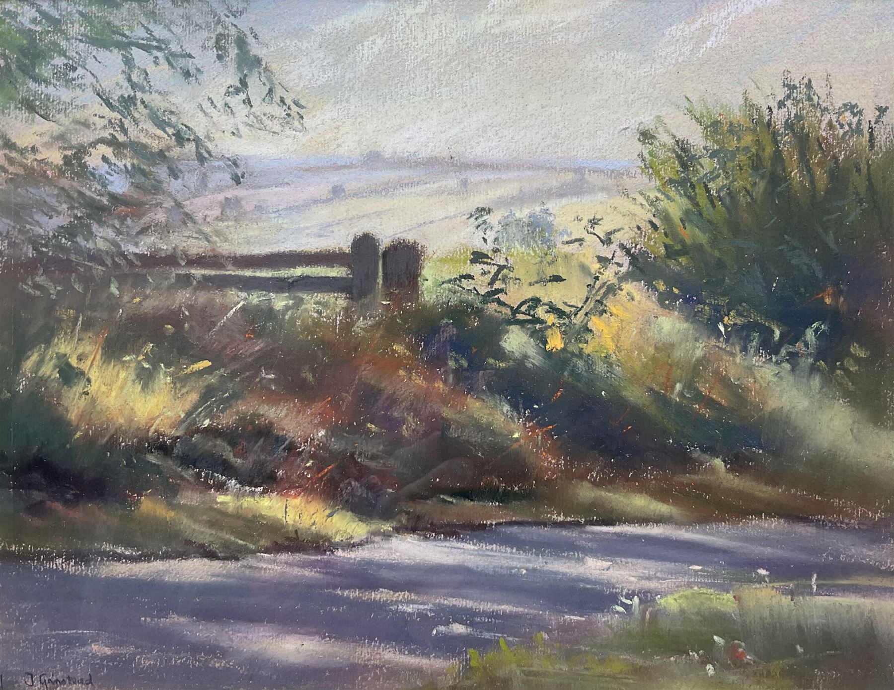 Jill Grinstead (Northern British Contemporary): Rural Landscape with Path and Gate, pastel signed 21cm x 27cm