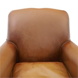 Pair of brown faux leather tub armchairs, scrolled arms with studded detail, turned front feet