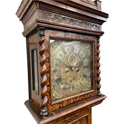 William & Mary floral marquetry 8-day longcase clock c 1700, later mid-18th century four pillar rack striking movement with a square brass dial and subsidiary seconds dial, ringed winding holes and calendar aperture to the matted dial centre, with London cherub head cast spandrels and (later) fretted steel hands, silvered Roman numeral chapter ring with stylised fleur di Lis half hour makers, narrow Arabic five-minutes, minute track and inner quarter hour track, signed Thomas Horlock, Hammersmith, 
case with box upstand to the domed floral marquetry decorated caddy with three brass flame finials, above a moulded cornice and fretwork frieze,  inlaid hood door with attached barley twist pillars to the front above an inlaid convex moulding, full length D moulded trunk door with a circular lenticle inlaid with floral and foliage panels inhabited with birds, on a conforming marquetry plinth with applied double skirting. Thomas Horlock is recorded as a Whitesmith & Clockmaker of Hammersmith, Middlesex.
A copy of Thomas Horlock's will dated the 15th June 1757 is held at The National  Archives Kew.