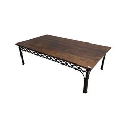 Laura Ashley - mango wood and wrought iron coffee table, the rectangular top over a pierced wrought iron frieze in repeating lozenge pattern