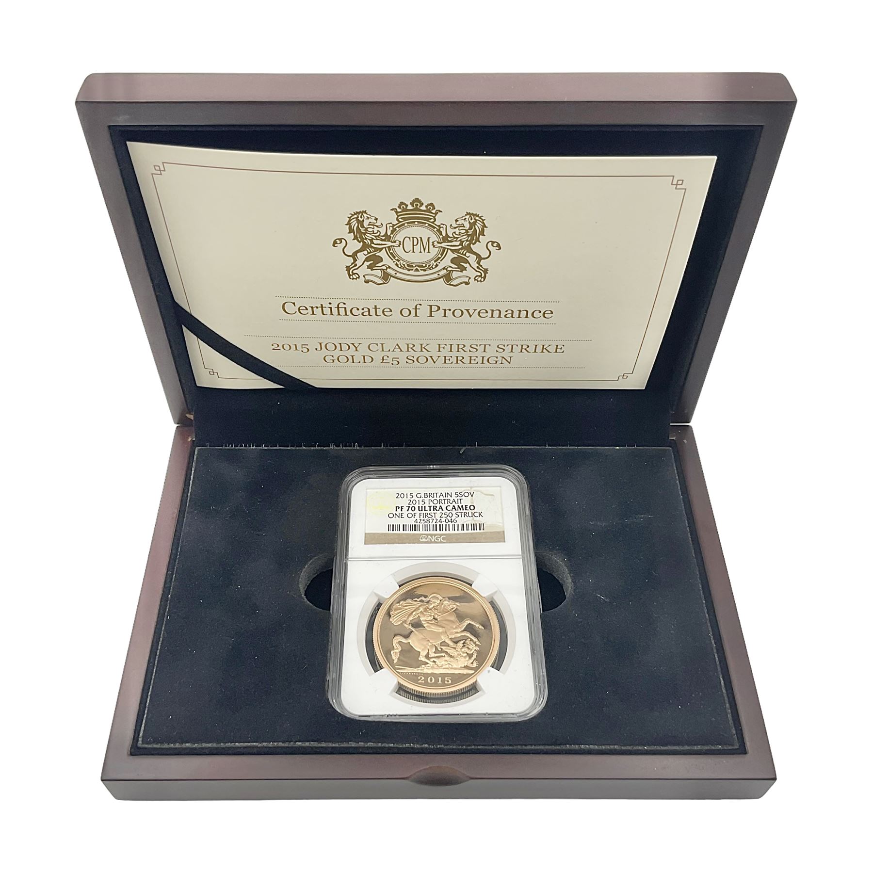 Queen Elizabeth II 2015 gold proof five sovereign coin, encapsulated and graded by NGC 'PF 70 Ultra Cameo one of first 250 struck'