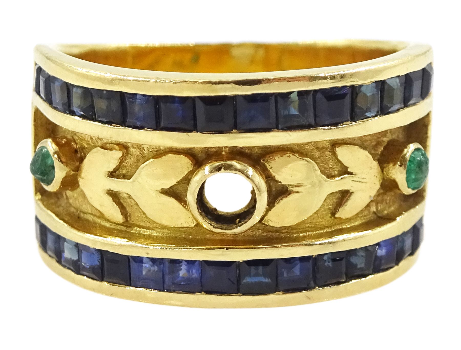 18ct gold calibre cut sapphire and emerald half hoop ring