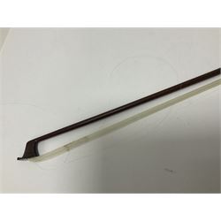 19th century wooden violin bow with a decorative mother of pearl inlay depicting flowers to the frog, with a bone adjuster screw