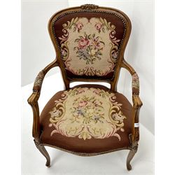 French walnut framed chair, scrolling arms, upholstered floral fabric, cabriole legs 