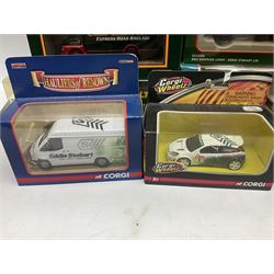 Corgi Eddie Stobart - thirteen various lorries, vans and cars including Reliant Regal, Minis, Land Rover etc; all boxed (13)
