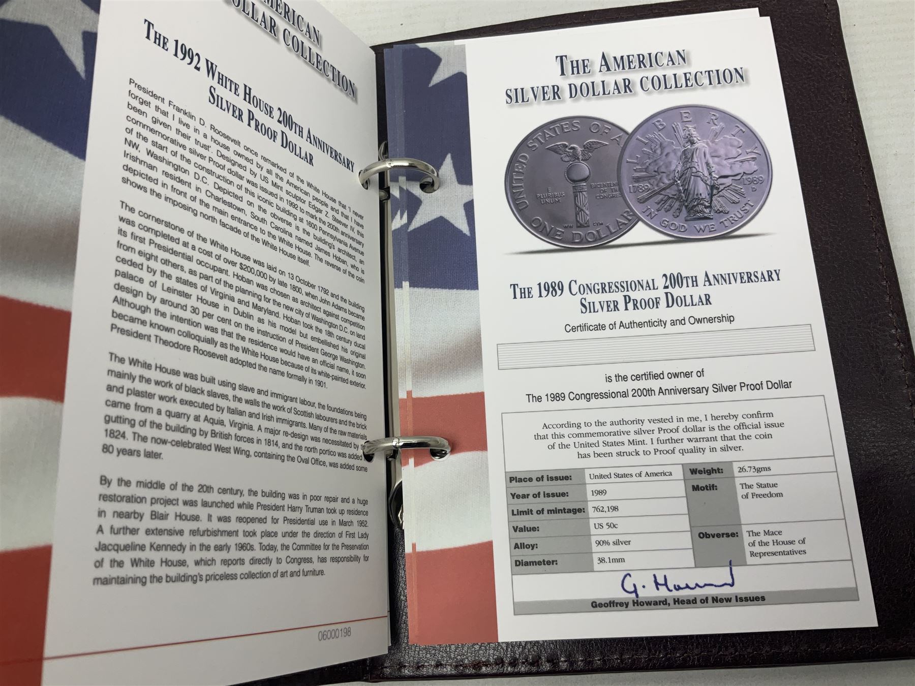 Five United States of America commemorative silver proof coins, comprising 1986, 1987, 1989, 1992 one dollars and 1982 half dollar, all with certificates