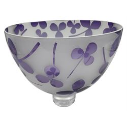 Gillies Jones of Rosedale glass bowl decorated with purple clovers,  upon a short clear tapering foot, signed to base, H16cm D18.5cm