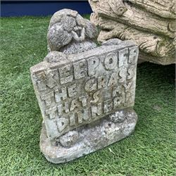 Composite stone naturalistic two piece garden water feature set with otters and logs (W58cm, H72cm, D77cm), and a small composite stone rabbit ornament  - THIS LOT IS TO BE COLLECTED BY APPOINTMENT FROM DUGGLEBY STORAGE, GREAT HILL, EASTFIELD, SCARBOROUGH, YO11 3TX