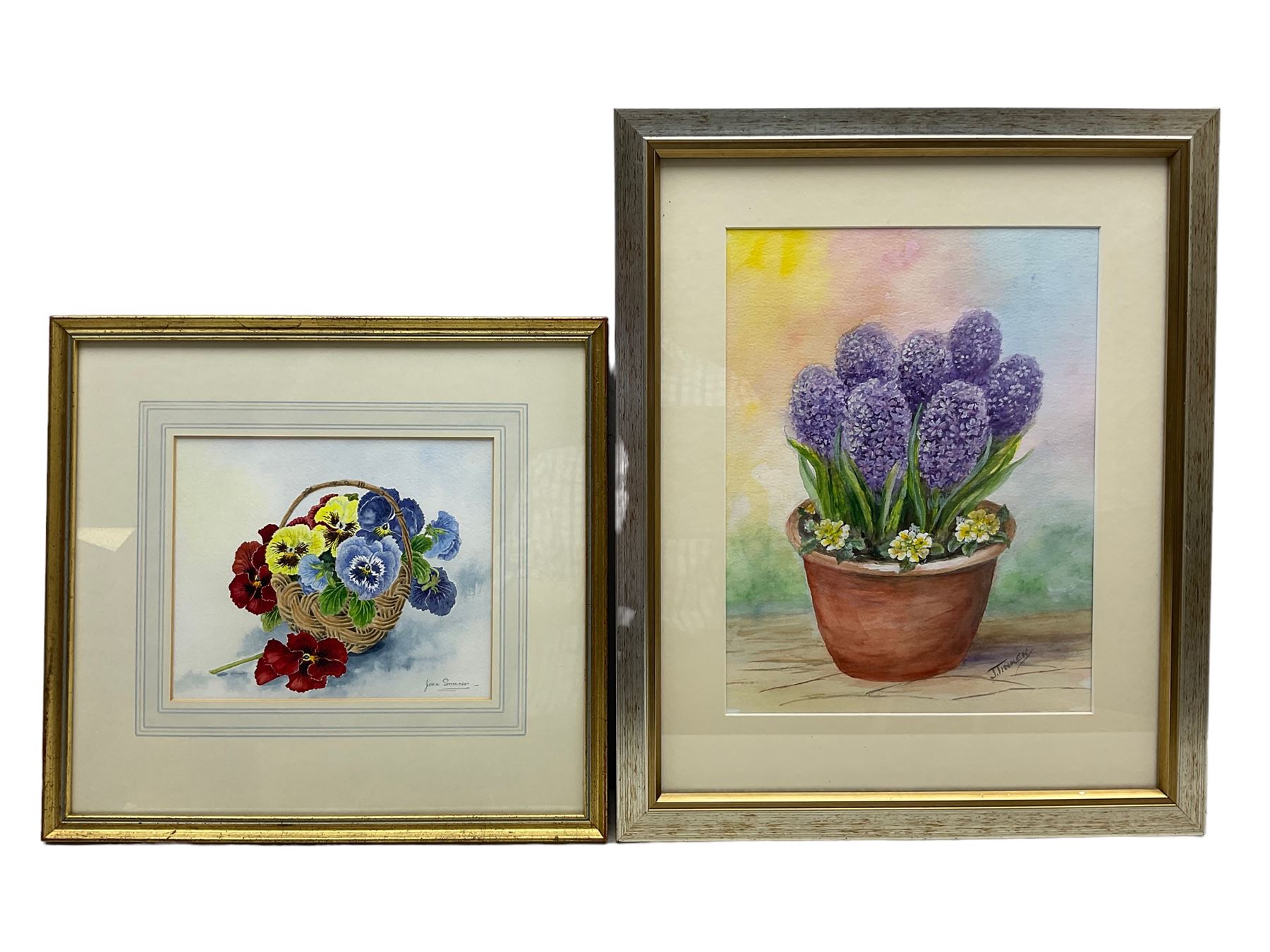 Joan Sommer (20th century): Pansies, watercolour signed 18cm x 22cm; Tinker (Contemporary): Hyacinths, watercolour signed 33cm x 25cm (2)