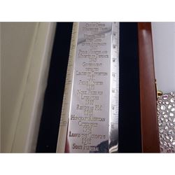 Modern silver 'Churchill Rule of Life' ruler, by Richard Jarvis of Pall Mall, engraved with the significant events and dates of Winston Churchill's life, from his birth in 1874 to his funeral in 1965, hallmarked Richard Jarvis, London 2007, L33.5cm, within wooden fitted case, with applied portrait to cover and silk and velvet lined interior