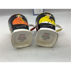 Two limited edition Bradford Exhange Clarice Cliff Age of Jazz beakers, no 289/4,999, with certificate, in box, together with a Moorland Art Deco Clarice Cliff style Huntley Cottage pattern teacup and saucer 