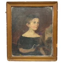 English Primitive School (19th century): Portrait of a Girl Reading a Book, oil on canvas unsigned 29cm x 24cm