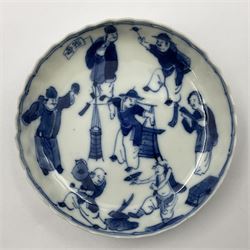 18th century Chinese blue and white Kangxi teacup and saucer, decorated with dancing figures, four character Kangxi mark beneath, saucer D10cm