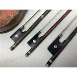 Incomplete amateur made violin c1880 for restoration and completion with 36.5cm one-piece maple back and ribs and spruce top L59.5cm; together with two brazilwood violin bows and pernambuco cello bow, all with nickel mounts (4)