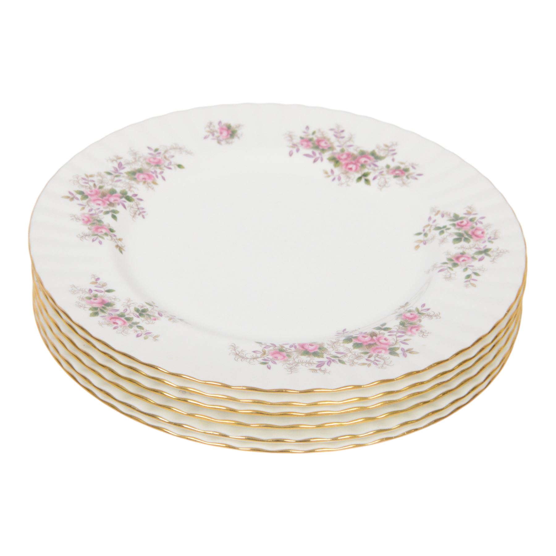 Royal Albert Lavender Rose pattern tea service for six including teapot, jug, open sucrier, teacups and saucers, side plates, dinner plates etc  