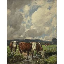 William Gunning King (British 1853-1940): Hereford Cattle Watering, oil on panel indistinctly signed and dated 1917, 36cm x 29cm