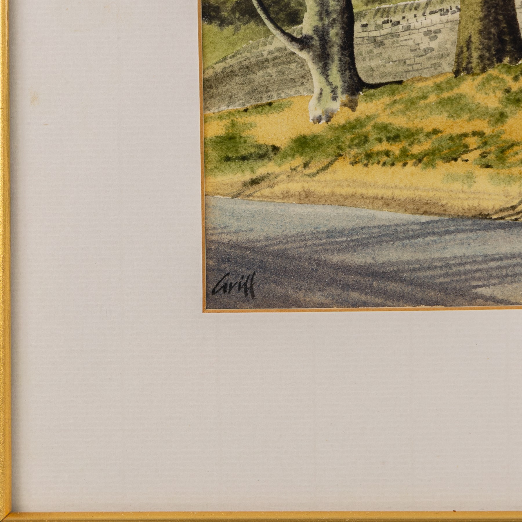 Pat Newton (British 20th century): 'Winter in West Norfolk' and 'The Farm in Winter', pair of acrylics signed, titled on label verso, in matching frames 19cm x 24cm; George 'Griff' Griffiths (British 1939-2017): 'Arthington Bank', watercolour signed, titled and dated 1977 on label verso 24cm x 16cm (3)