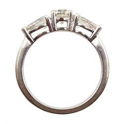 18ct white gold three stone diamond ring, central round brilliant cut diamond with two pear shaped diamonds either side, hallmarked, total diamond weight 1.48 carat