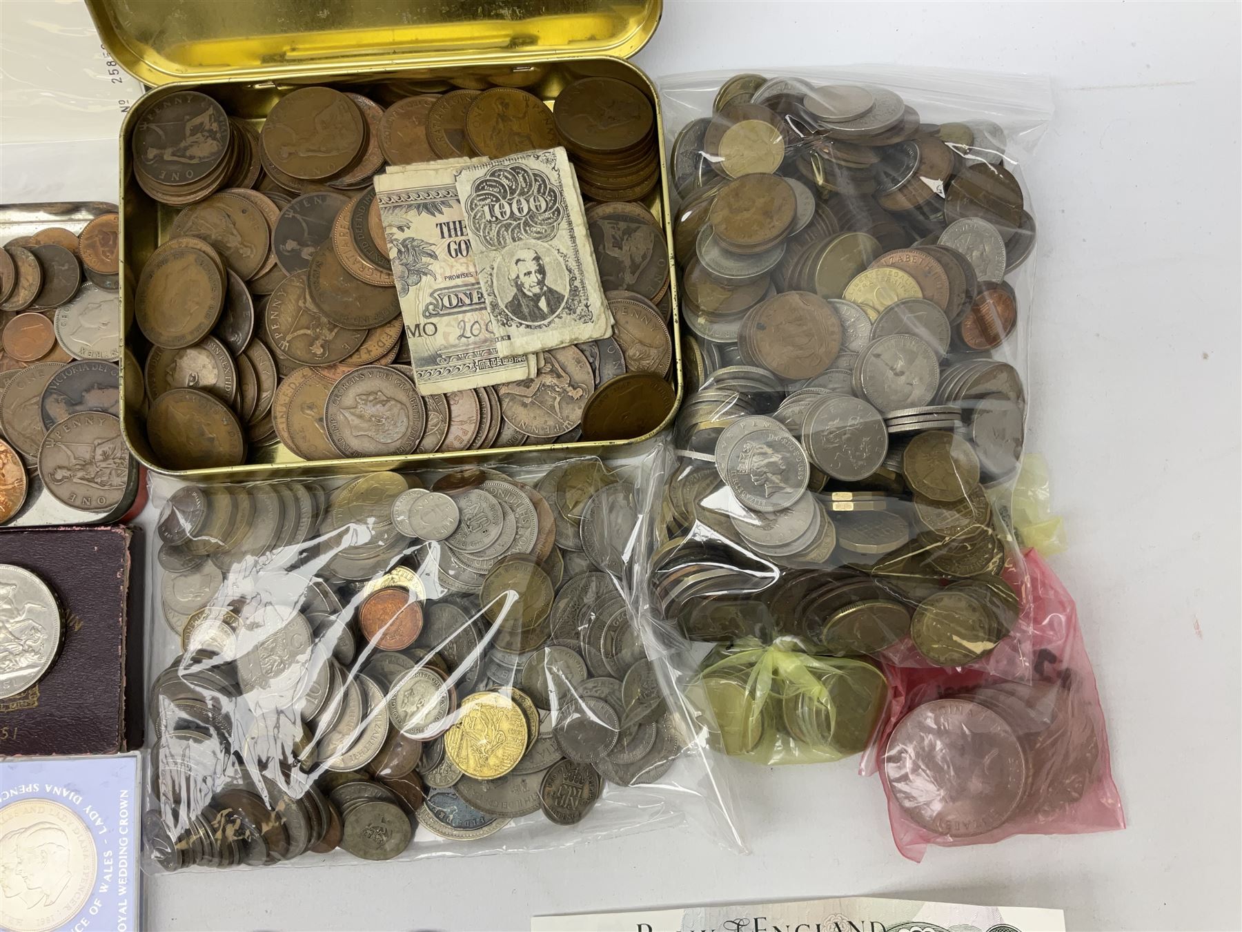 Great British and World coins including Queen Victoria 1887 and 1888 double florins, King George V 1929 halfcrown, King George VI 1951 Festival of Britain crown, commemorative crowns, Queen Elizabeth II 1953 nine coin set in blister pack, 1989 and 1995 two pound coins, various pre-decimal pennies and other coinage