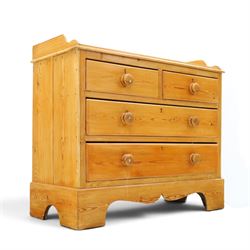 Victorian pine chest, galleried three quarter top, fitted with two short and two long drawers. with shaped apron and supports
