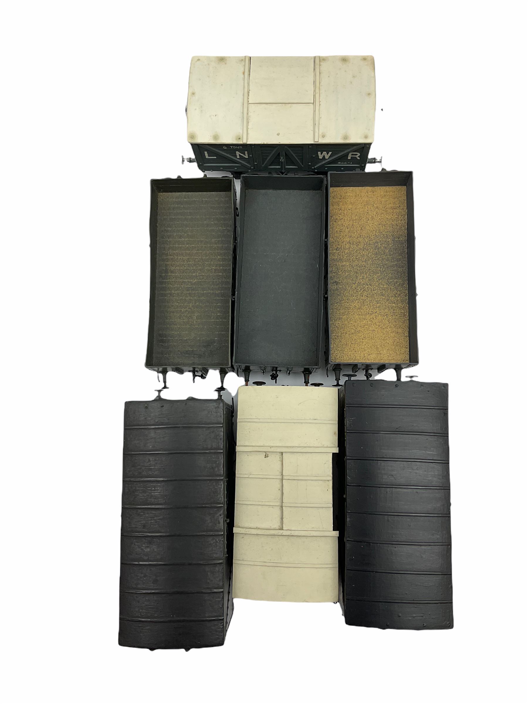 '0' gauge - seven scratch-built LNWR wagons including 10-ton covered wagon, three other covered wagons and three open wagons; all unboxed (7)