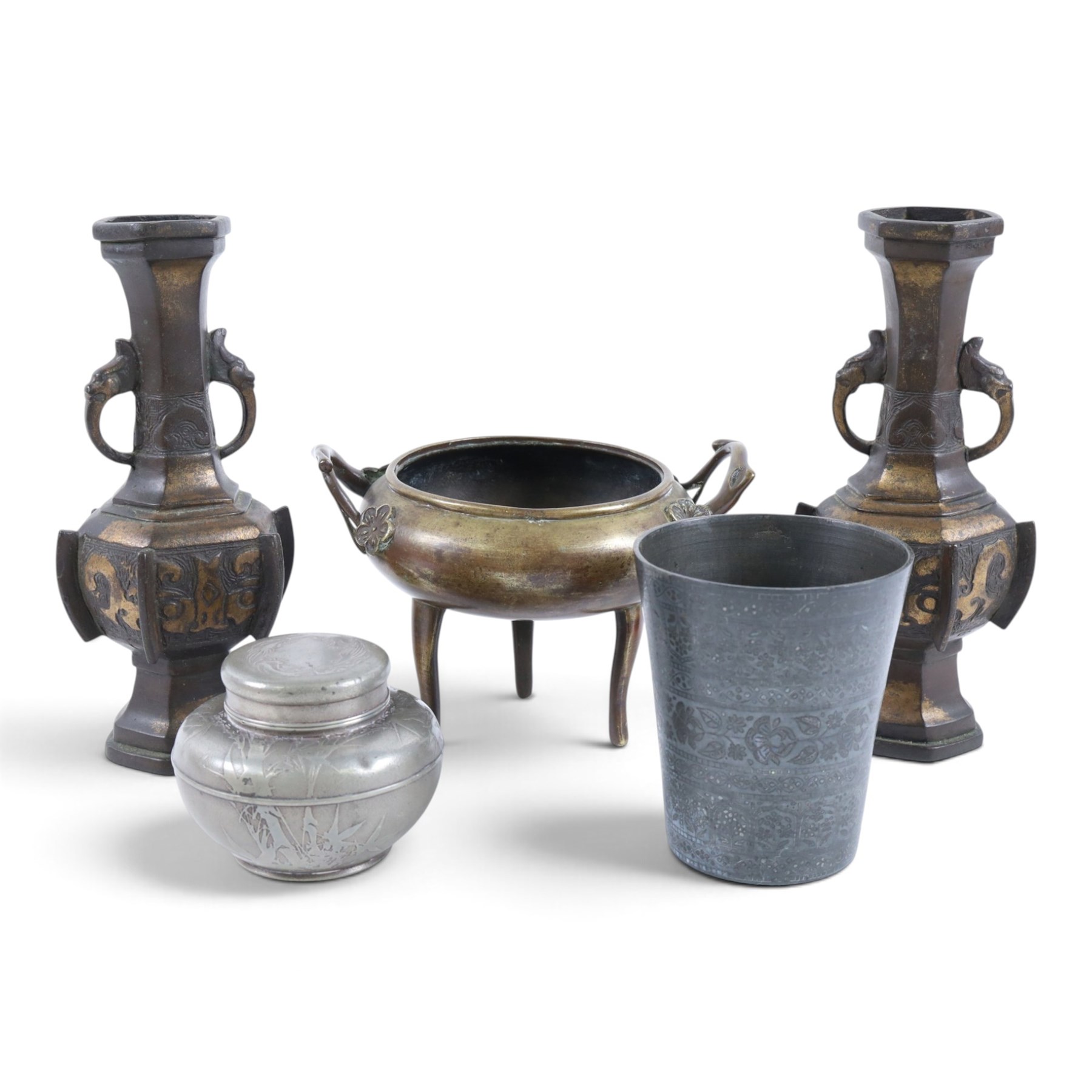 Pair of vases, of Hexagon form with chilong handles, together with tripod censer, and two further pots 