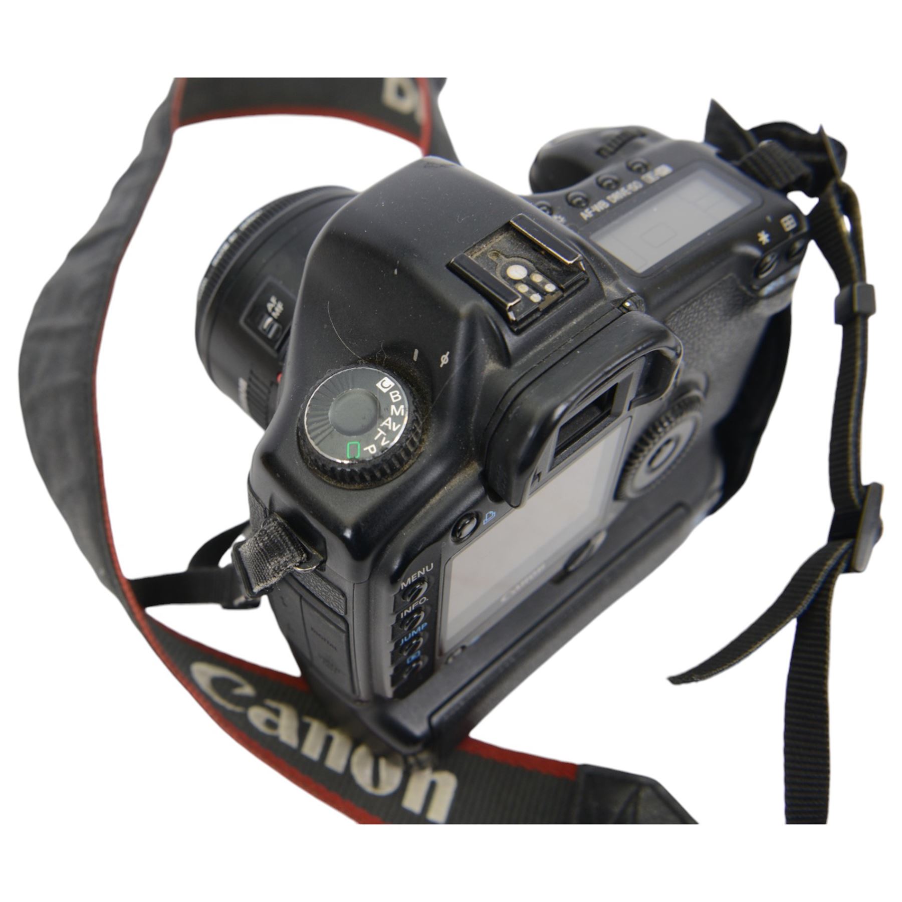 Canon EOS 5D camera body serial no. 0430100905, with shoulder strap, battery grip BG-E4 and Canon 50mm 1.1.8 EF lens serial no.31235679