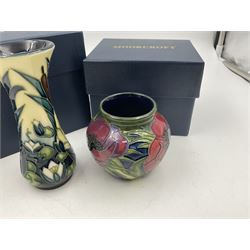 Two small Moorcroft vases, one decorated in the Lamia pattern by Rachel Bison, circa 1995, H13cm and the other in the Anemone Tribute pattern by Emma Bossons, circa 2002, H7.5cm, both with original boxes (2)