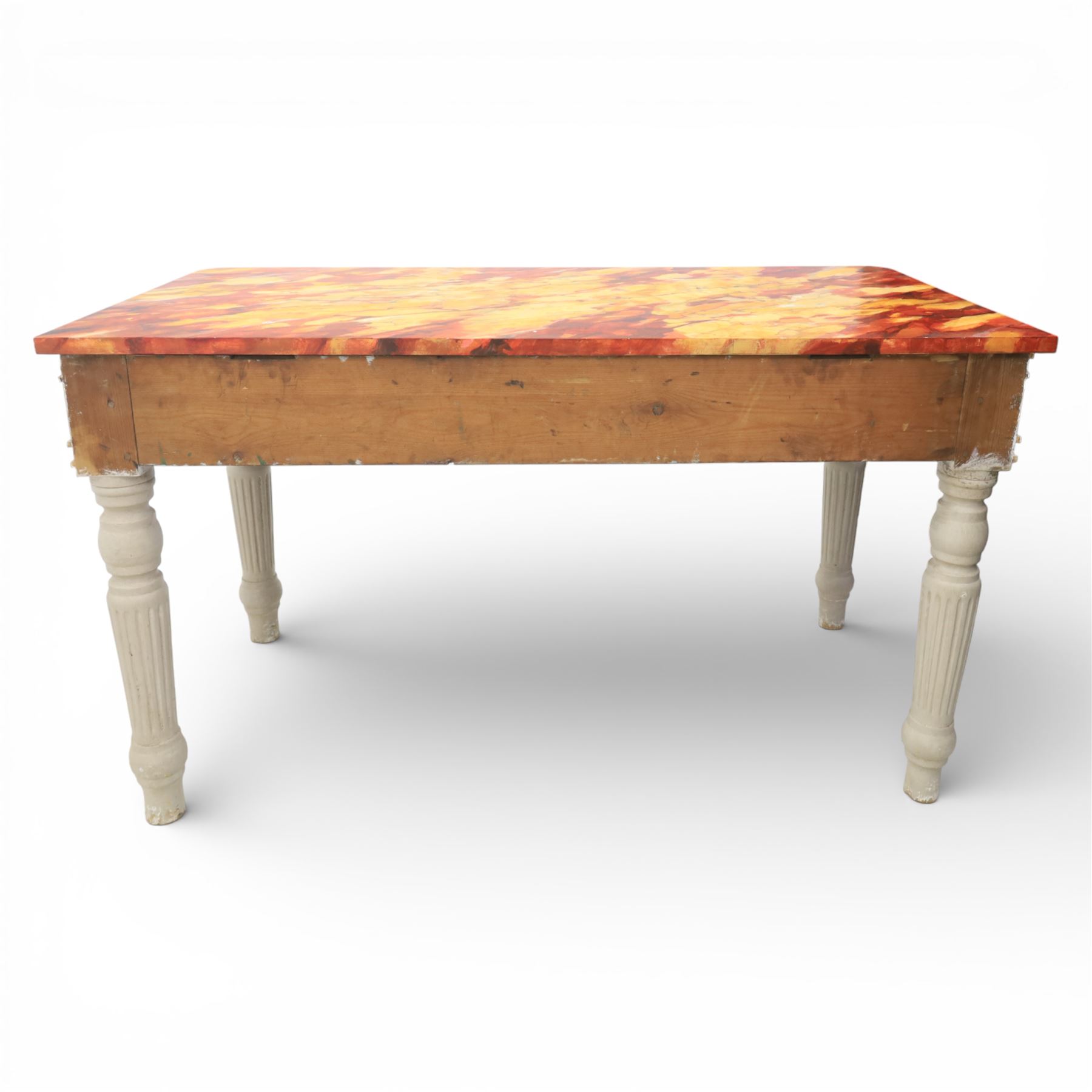 19th century style pine console table, with rectangular simulated marble top over a painted frieze, raised on fluted and turned tapering legs
