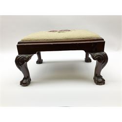 Early 20th century mahogany footstool, with ball and claw type feet and wool work top depicting a fruiting vine, H20cm, together with a small coopered oak bucket, H20cm, and a small mahogany swing dressing table or toilet mirror, H40cm, (3)