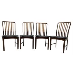 Svend Aage Madsen for Moreddi - set of four teak dining chairs, angular vertical slat back over upholstered seat, on turned front supports 