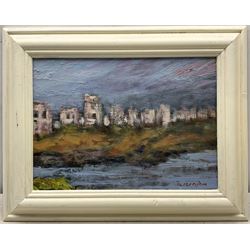 Paul W Ozere (Cornish 20th century):  Adam and Eve, Bathers, View Towards the City, Breaking the Bank, Beneath the Wave and Watcher, six oils on canvas signed max 39cm x 39cm (6)