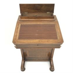 Edwardian inlaid walnut and mahogany Davenport, two hinged lids, four drawers, turned supports
