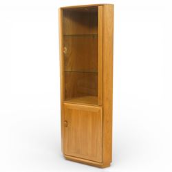 Ercol - elm corner display cabinet, Model 3856. Glazed upper section with glass door enclo...