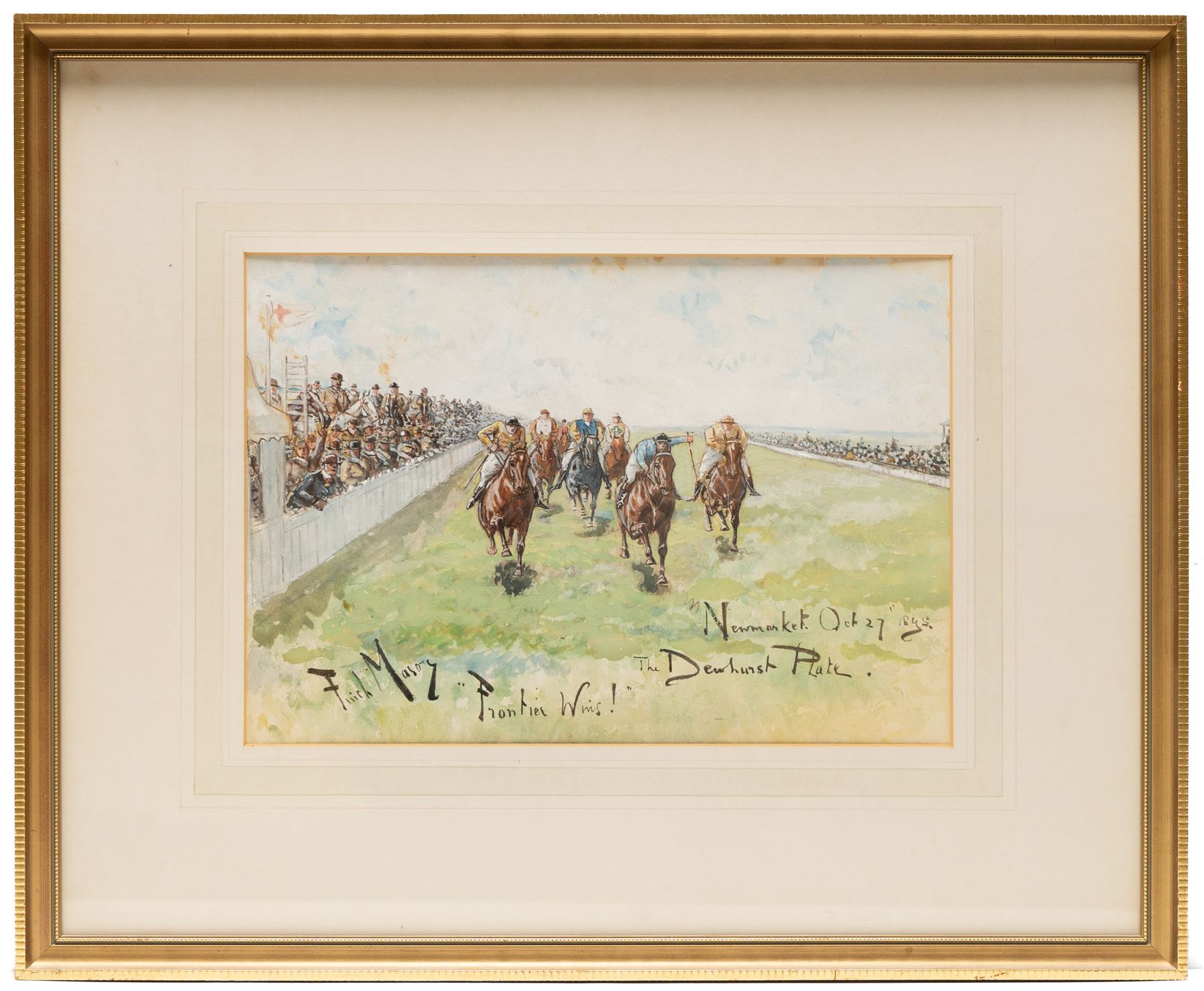 George Finch Mason (British 1850-1915): 'Frontier Wins! - The Dewhurst Plate - Newmarket Oct 27 1895', gouache signed and titled 24cm x 35cm